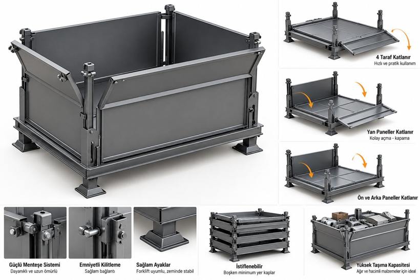 Dört Tarafı Katlanır Metal Taşıma Konteyneri / Kasa