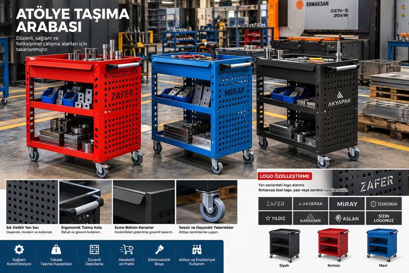 Üç Raflı Metal Atölye Taşıma Arabası